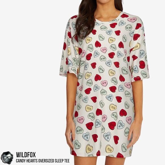 WILDFOX SLEEP CANDY HEARTS PRINT OVERSIZED SLEEP T-SHIRT IN WHITE NIGHTSHIRT NEW - Picture 1 of 15
